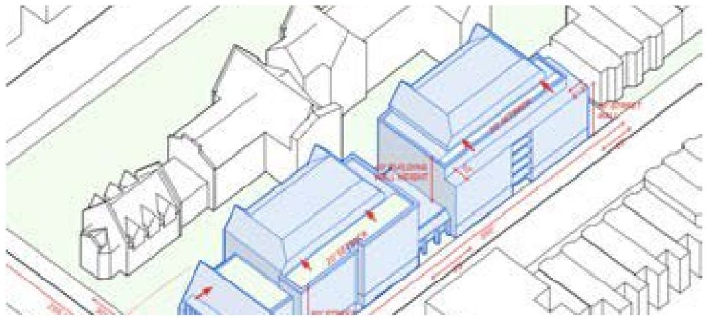 Aerial map with historical building sections highlighted